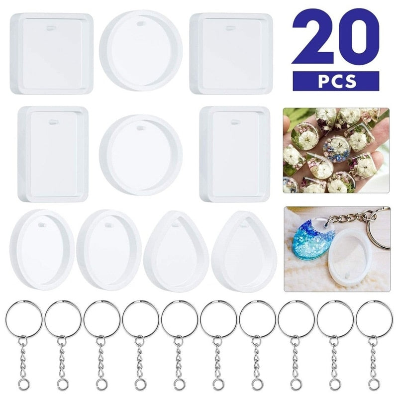 20Pcs/Set DIY Keychain Pendant Casting Silicone Mould Kit with Keyrings Art Crafts Making Tools Crystal Epoxy Resin Mold