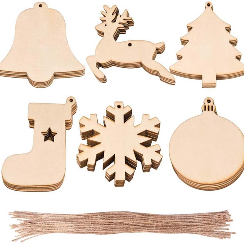 10Pcs Wooden Christmas Tree Hanging Pendants Unfinished blank Wooden Pendants Ornaments with Hemp rope DIY Craft Hone Decor