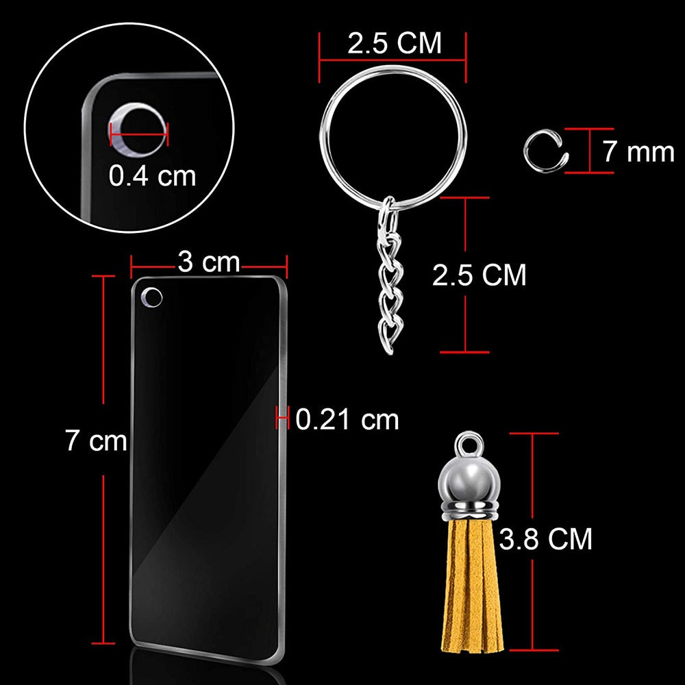 120Pcs Acrylic Keychain Blanks Tassel Charms Set 3 x 7cm Rectangle Clear Acrylic Ornaments Blank Key Rings DIY for Gift