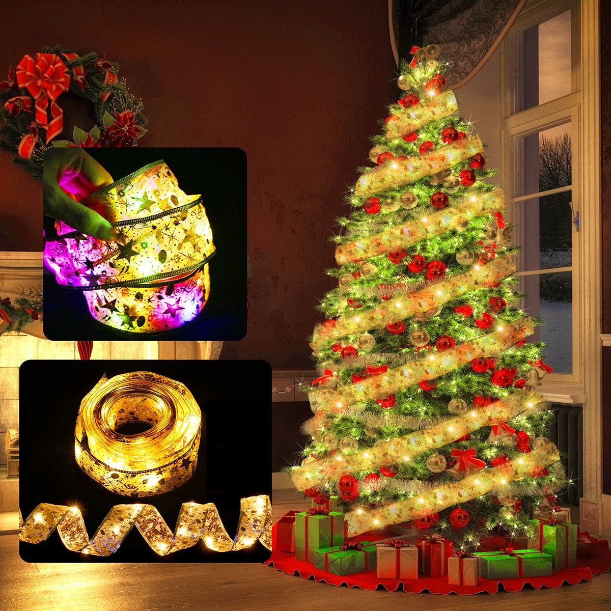 Ribbon Fairy Light Christmas Decoration Christmas Tree Ornaments  For Home 2023 Bows String Lights Navidad Natal New Year 2024