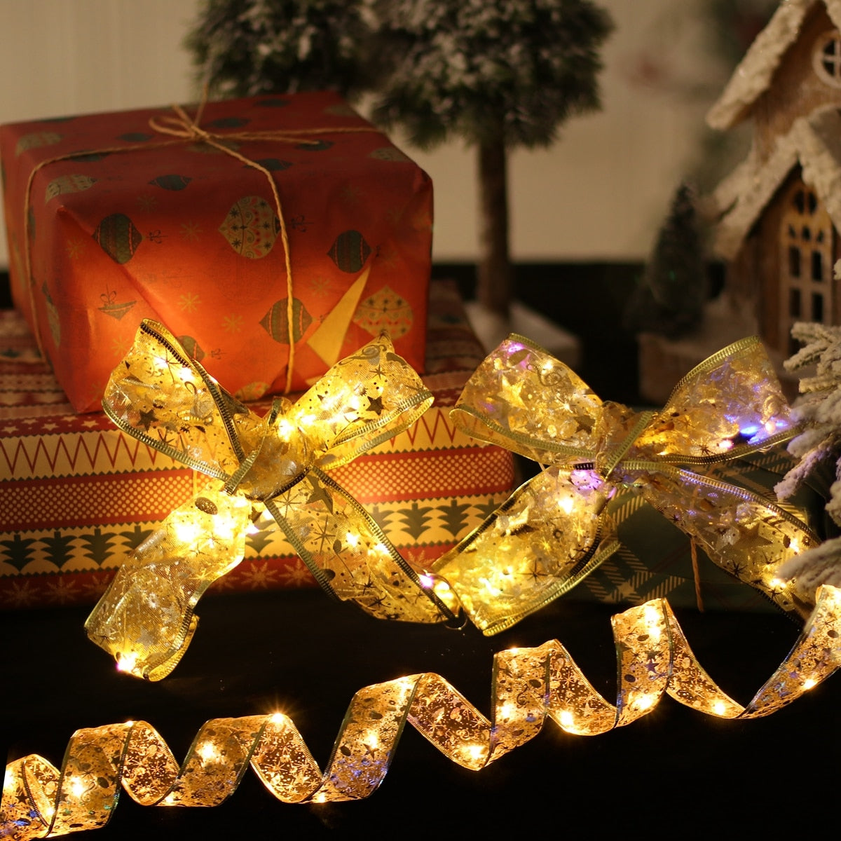 Ribbon Fairy Light Christmas Decoration Christmas Tree Ornaments  For Home 2023 Bows String Lights Navidad Natal New Year 2024