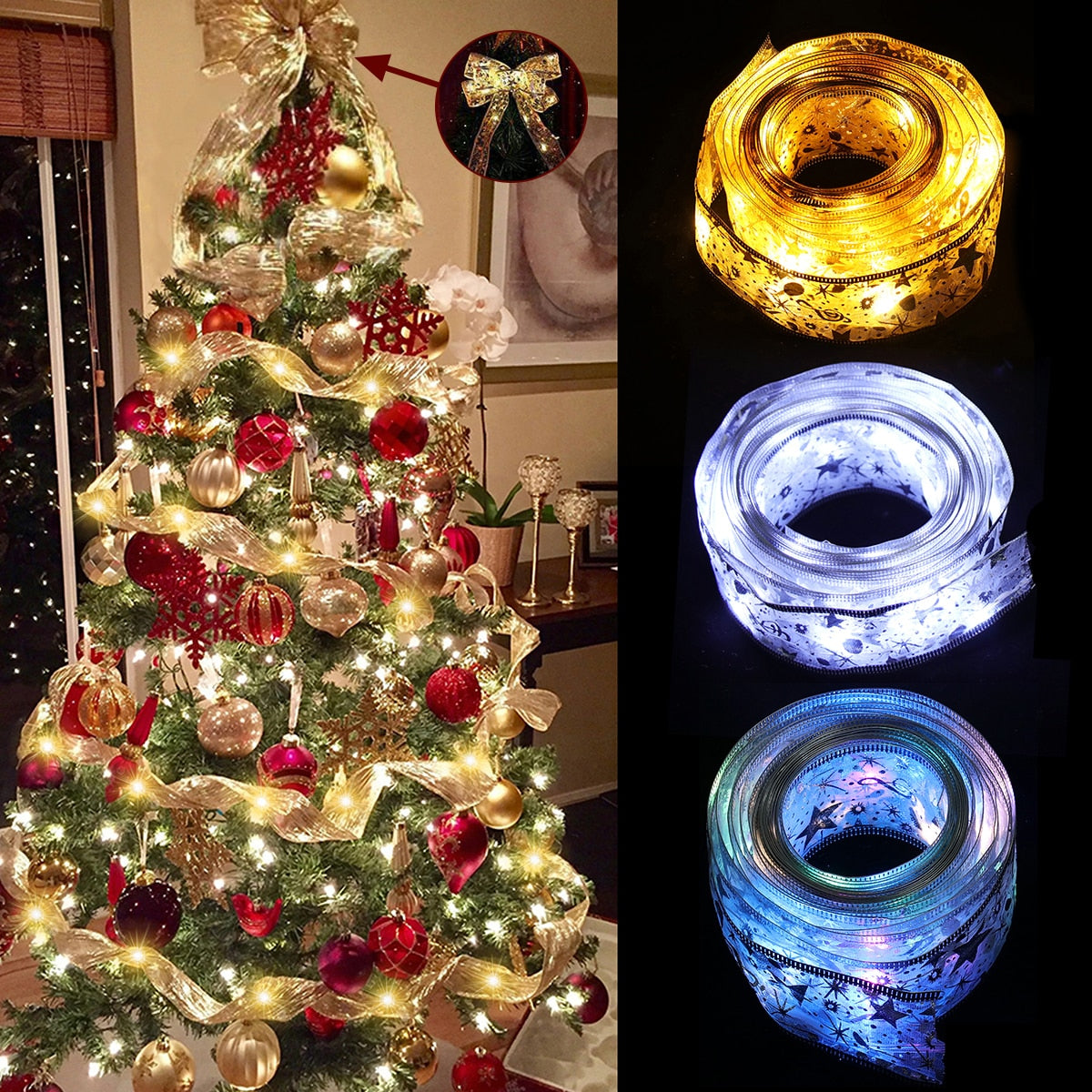 Ribbon Fairy Light Christmas Decoration Christmas Tree Ornaments  For Home 2023 Bows String Lights Navidad Natal New Year 2024