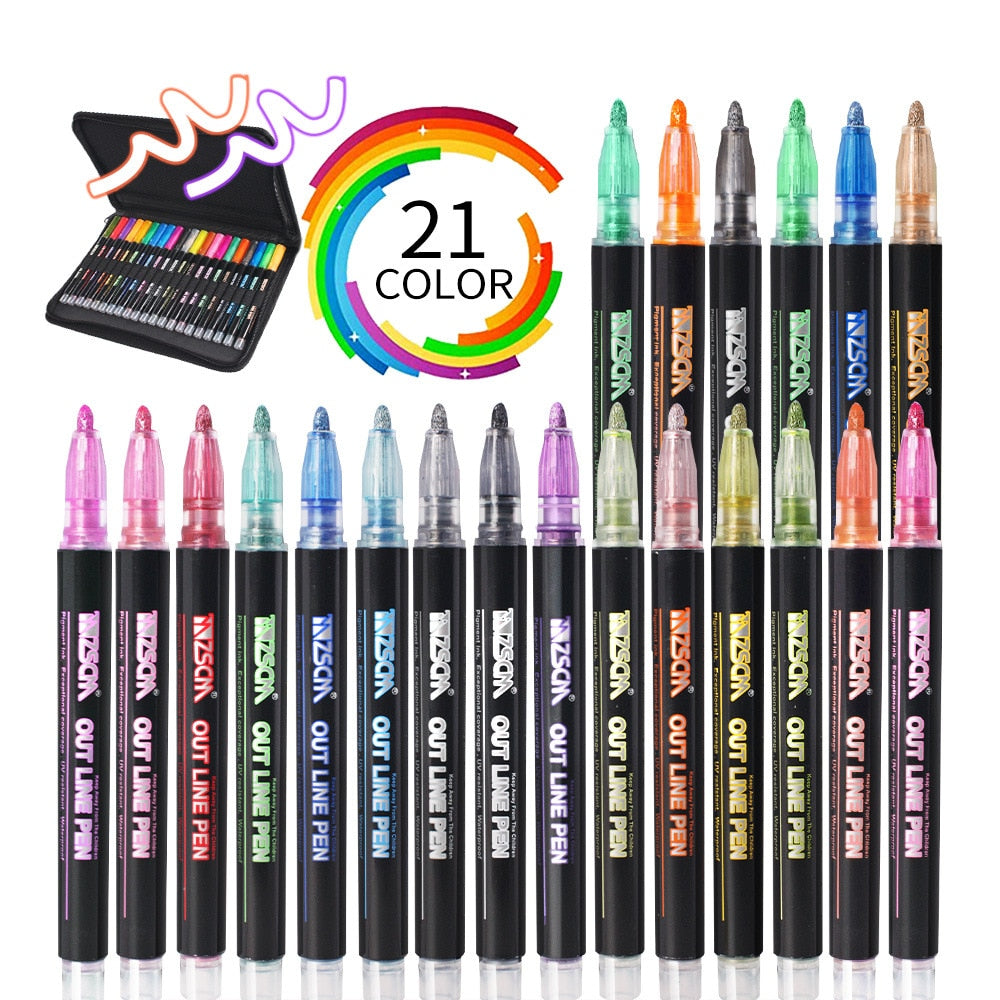 12/21 Colors Metallic Markers with Case Paint Outline Pens Gift Card Rock Painting Scrapbook Crafts Metal Birthday Ceramic Glass