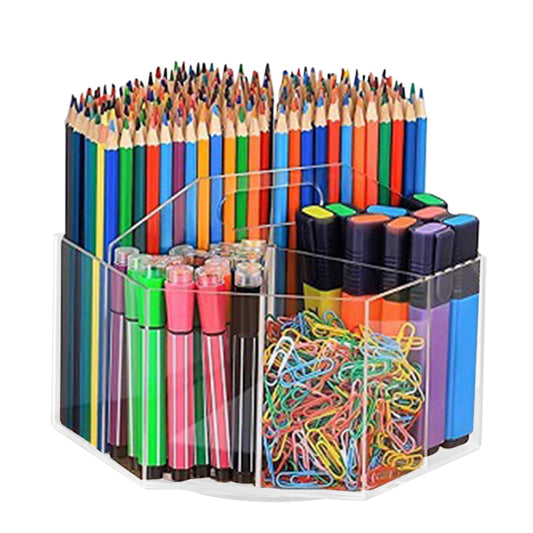 360 Rotating Acrylic Pen Holder Rotating Clear Pen Organizer Art Stationery 6 Compartments Storage Plastic Portable Craft Storag