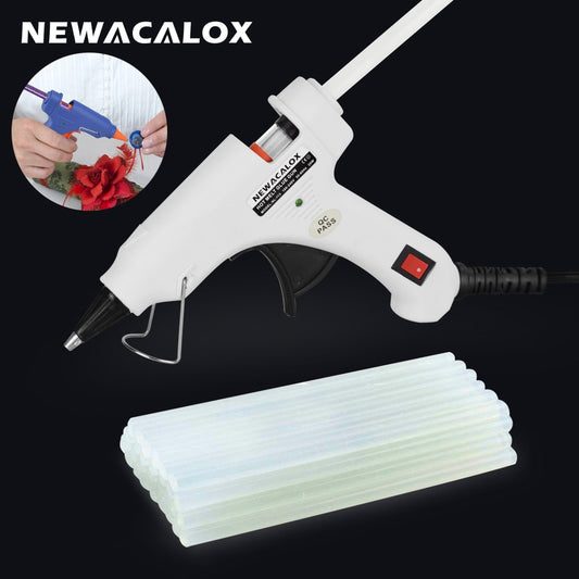 NEWACALOX 20W 220V Hot Melt Glue Gun with 20Pcs 7mm Glue Sticks Industrial Mini Guns Thermo Gluegun Heat Temperature Tool
