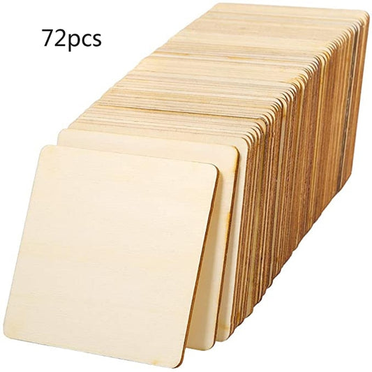 72Pcs/Set Unfinished Square Wood Slices Blank Crafts 3 x 3 Inch for Coasters Painting Writing Photo Props and Decorations