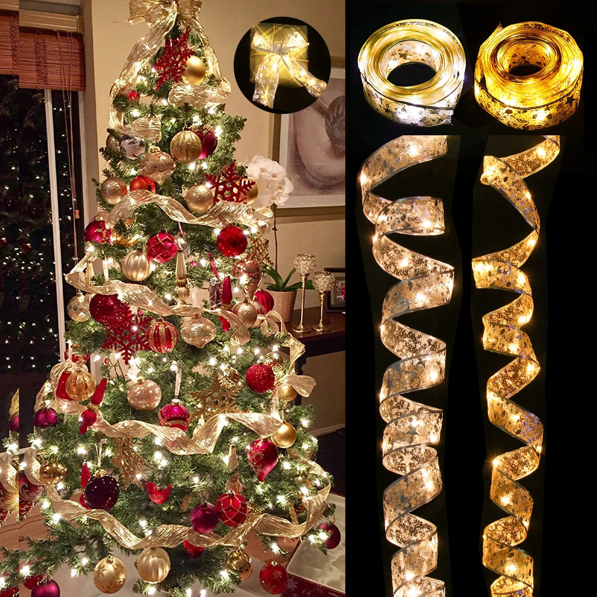 Ribbon Fairy Light Christmas Decoration Christmas Tree Ornaments  For Home 2023 Bows String Lights Navidad Natal New Year 2024