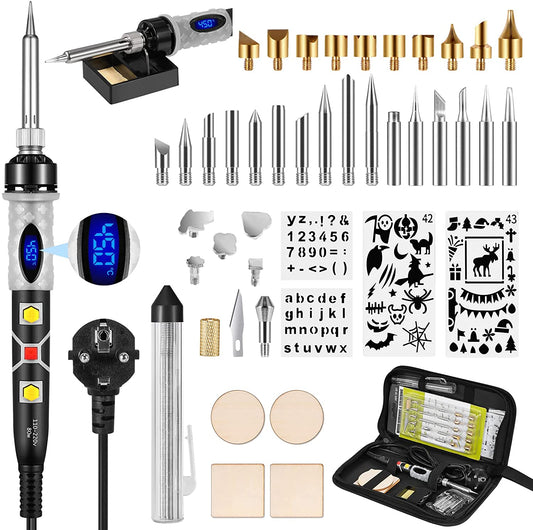 Electric Soldering Iron 80W Adjustable Temperature LCD Welding Tool Ceramic Heater Soldering Iron Wood Burning Tips Set