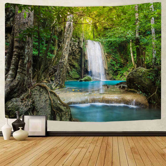 Natural Forest Waterfall View Tapestry Wall Hanging Mandala Home Art Decor Hippie Boho Background Cloth Yoga Mattress Sheet