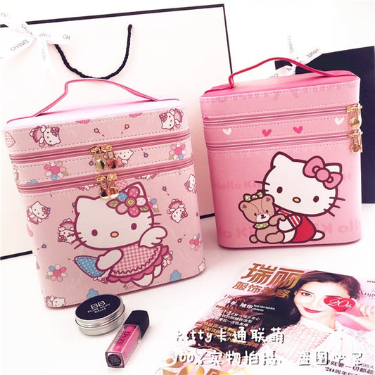 Hello Kitty Double-Layer Portable Cosmetic Case Intrazone Cosmetic Mirror Leather PU Cosmetic Bag Storage Bag