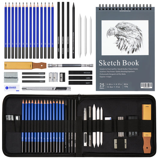Marco 36 PCS Professional Sketch &amp; Drawing Art Tool Kit With Graphite Pencils, Charcoal Pencils, Paper Erasable Pen, Sketchbook