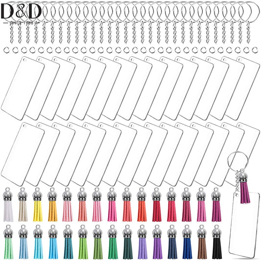120Pcs Acrylic Keychain Blanks Tassel Charms Set 3 x 7cm Rectangle Clear Acrylic Ornaments Blank Key Rings DIY for Gift