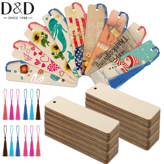 36pcs Wood Bookmark Bulk Blank Bookmarks with 36pcs 6 Colors Tassels Wooden Book Markers Rectangle Thin Hanging Tag with Holes