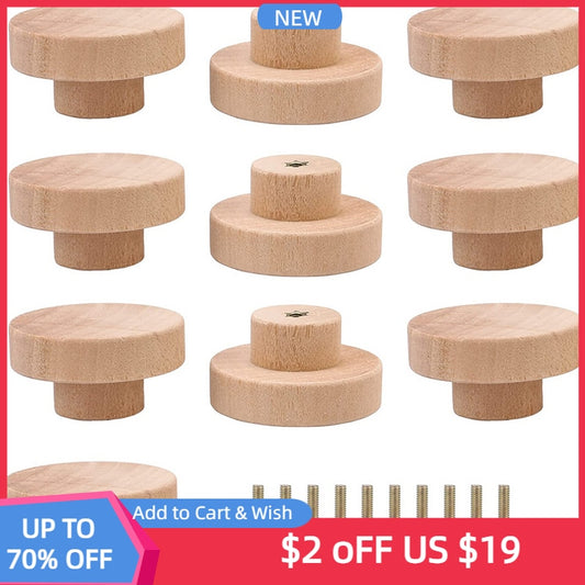 Round Wooden Cabinet Knobs Unfinished Wood cupboard Furniture Drawer Pulls Handles with Screws for Wardrobe Dresser Closet